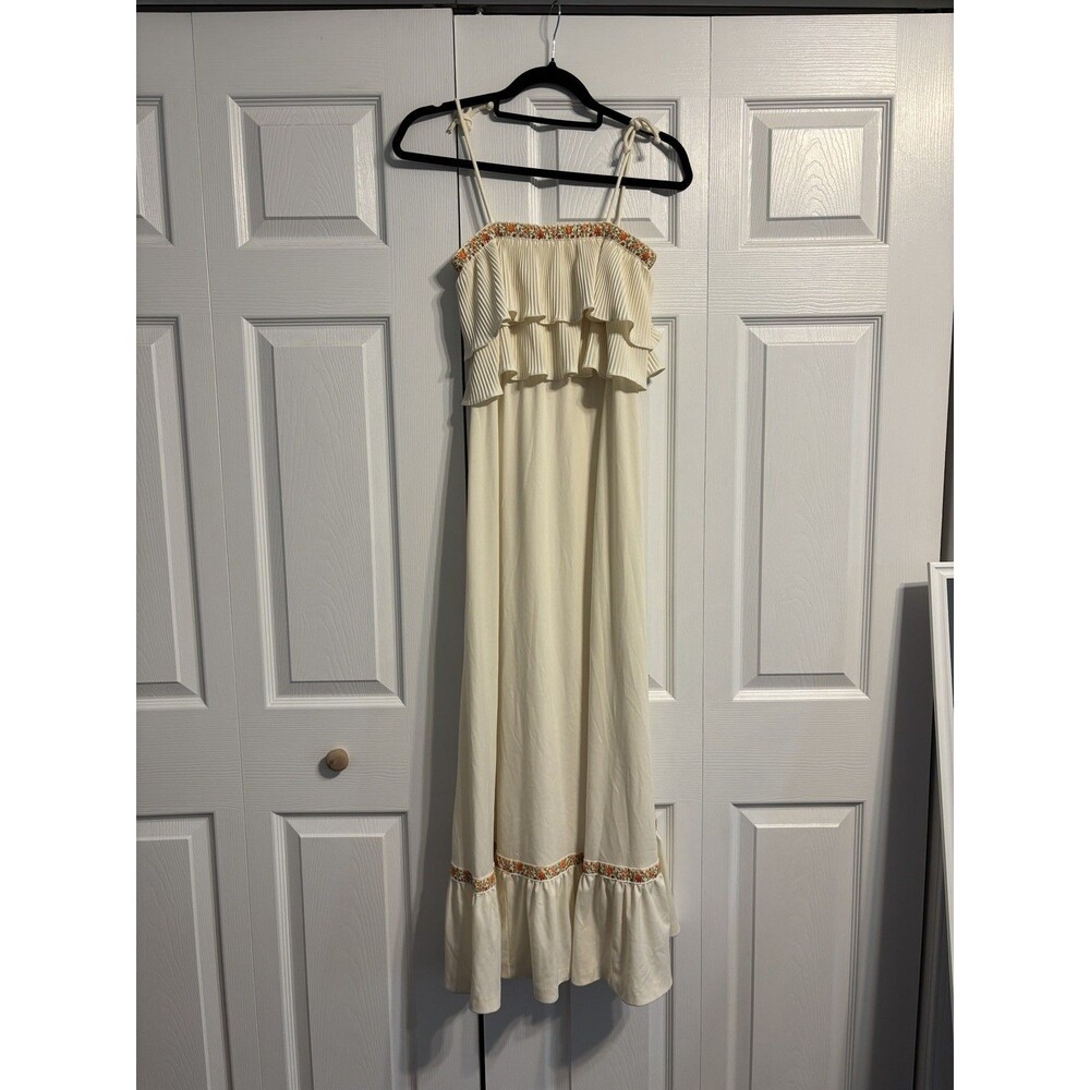 Vintage Vicky Vaughn tie strap Ruffle embroidery trim Maxi Dress women XS cream